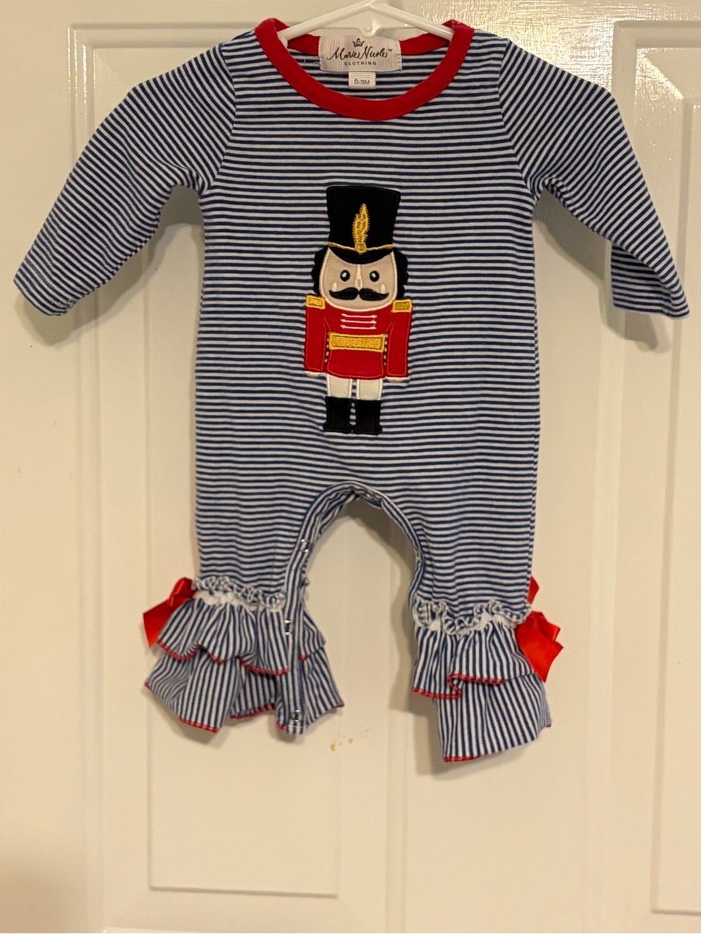 Marie Nicole Adorable Blue & White Romper w/Nutcracker Applique Ruffles Bow 0-3M